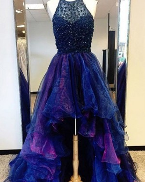 High Low Blue and Red Halter Tulle Beading Prom Dress PM1292