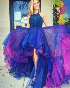 High Low Blue and Red Halter Tulle Beading Prom Dress PM1292