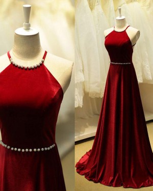 Halter Beading Satin Red Long Evening Dress PM1295