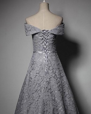 Off the Shoulder Grey Lace Evening Gown PM1298