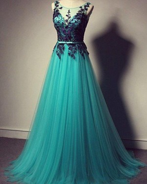 Scoop Neckline Teal Tulle Lace Bodice Long Formal Dress PM1300