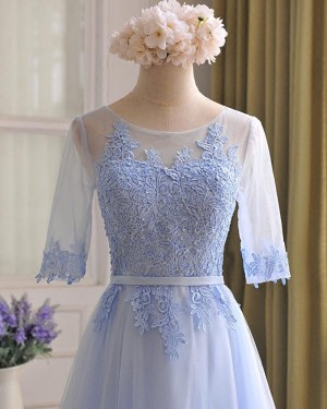 Tulle Lace Appliqued Light Blue Prom Dress with Half Length Sleeves PM1301