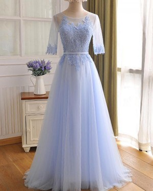 Tulle Lace Appliqued Light Blue Prom Dress with Half Length Sleeves PM1301