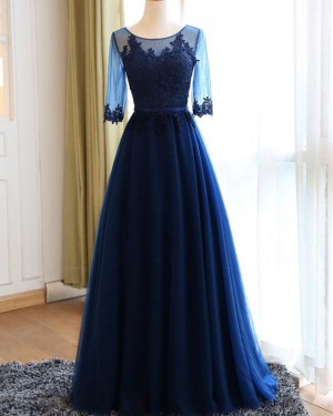 Scoop Tulle Appliqued Bodice Navy Blue Prom Dress with Half Length Sleeves PM1302