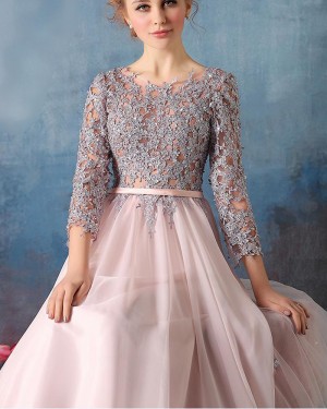 Jewel Appliqued Pink Tulle Long Formal Dress with 3/4 Length Sleeves PM1303