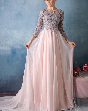 Jewel Appliqued Pink Tulle Long Formal Dress with 3/4 Length Sleeves PM1303