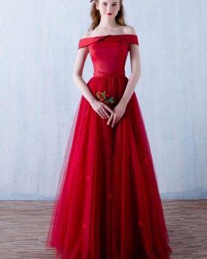 Off the Shoulder Red Satin Long Formal Dress with Handmade Flowers PM1304
