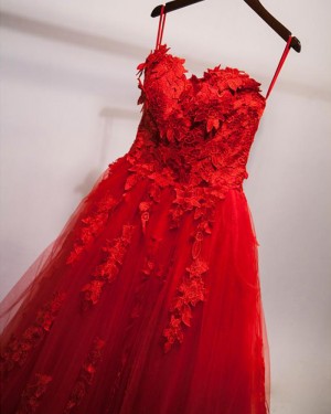 Sweetheart Red Tulle Evening Gown with Handmade Flowers PM1306