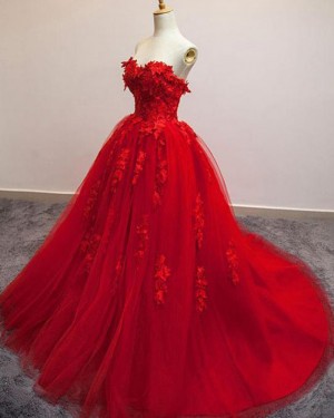 Sweetheart Red Tulle Evening Gown with Handmade Flowers PM1306