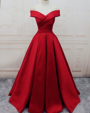 Off the Shoulder Pleated Satin Red Simple Long Formal Dress PM1307