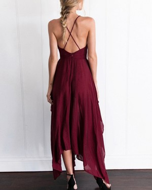 Simple V-neck Burgundy Chiffon Prom Dress with Side Slit PM1308