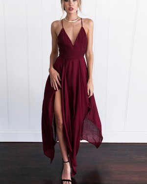 Simple V-neck Burgundy Chiffon Prom Dress with Side Slit PM1308