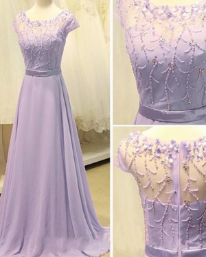 Scoop Beading Lavender Chiffon Long Formal Dress with Short Sleeves PM1309