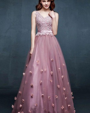 V-neck Lace Bodice Tulle Long Formal Dress with Handmade Flowers PM1311