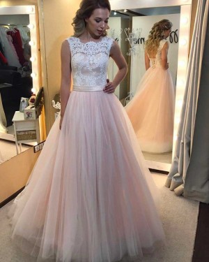 Jewel Lace Appliqued Bodice Pink Tulle Long Formal Dress PM1312