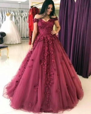 Lace Appliqued Mulberry Ball Gown Prom Dress with Handmade Flowers PM1313