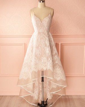 High Low Spaghetti Straps Lace Champagne Prom Dress PM1314