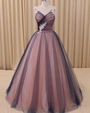 V-neck Ruched Pink and Black Appliqued Evening Gown PM1315