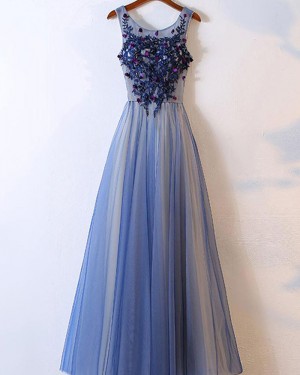Scoop Appliqued Blue Tulle Long Formal Dress with Handmade Flowers PM1317