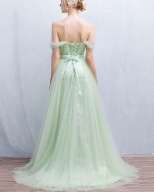 Off the Shoulder Appliqued Pleated Sage Tulle Long Formal Dress PM1319