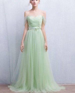 Off the Shoulder Appliqued Pleated Sage Tulle Long Formal Dress PM1319