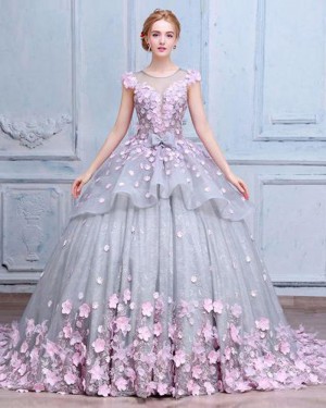 Jewel Grey Tulle and Lace Quinceanera Dress with Handmade Flowers PM1333