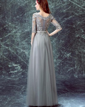 Jewel Grey Appliqued Bodice Tulle Long Formal Dress with Half Sleeves PM1334