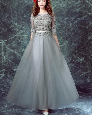 Jewel Grey Appliqued Bodice Tulle Long Formal Dress with Half Sleeves PM1334