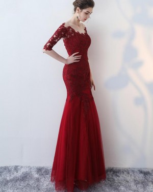 Burgundy Appliqued Mermaid Prom Dress with Half Length Sleeves PM1336