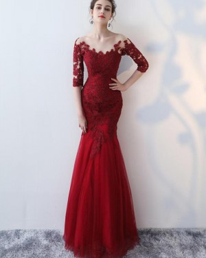Burgundy Appliqued Mermaid Prom Dress with Half Length Sleeves PM1336