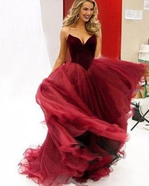 Simple Sweetheart Red Tulle Ball Gown Prom Dress PM1337