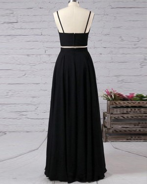 Spaghetti Straps Black Two Piece Satin Long Formal Dress with Side Slit PM1338