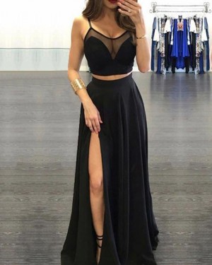 Spaghetti Straps Black Two Piece Satin Long Formal Dress with Side Slit PM1338