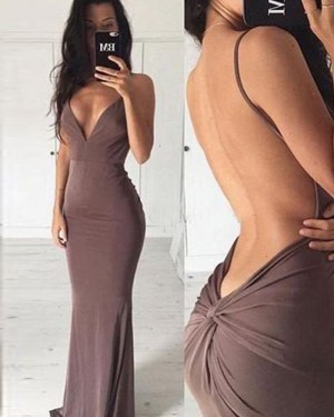 Deep V-neck Brown Satin Mermaid Prom Dress with Open Back PM1339
