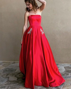 Simple Strapless Red Satin Prom Dress with Beading Pockets PM1340