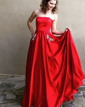Simple Strapless Red Satin Prom Dress with Beading Pockets PM1340
