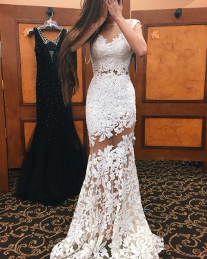 Sheer Neckline White Lace Mermaid Style Long Formal Dress PM1343