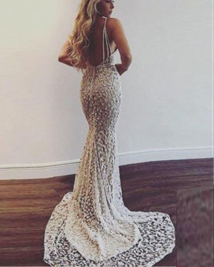 Spaghetti Straps Lace Beading Mermaid Long Prom Dress PM1345