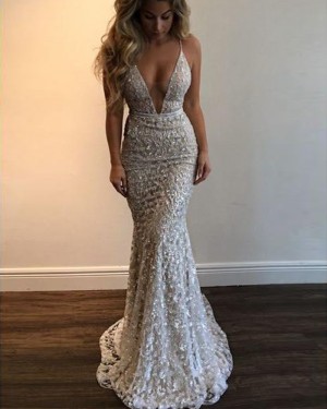 Spaghetti Straps Lace Beading Mermaid Long Prom Dress PM1345