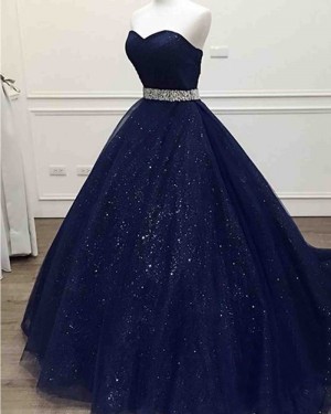 Sparkle Navy Blue Sweetheart Tulle Long Formal Dress PM1346