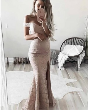 Off the Shoulder Pink Lace Mermaid Long Formal Dress with Side Slit PM1347