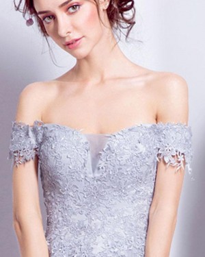 Off the Shoulder Dusty Blue Lace Appliqued Bodice Long Formal Dress PM1348
