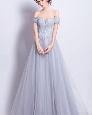 Off the Shoulder Dusty Blue Lace Appliqued Bodice Long Formal Dress PM1348