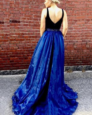 Blue Tulle Deep V-neck Beading Prom Dress with Side Slit PM1349