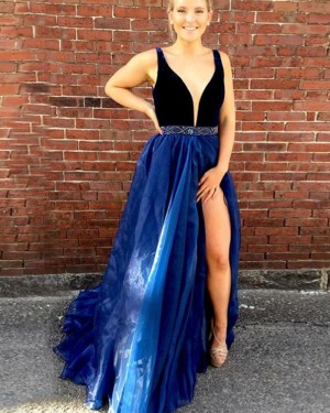 Blue Tulle Deep V-neck Beading Prom Dress with Side Slit PM1349