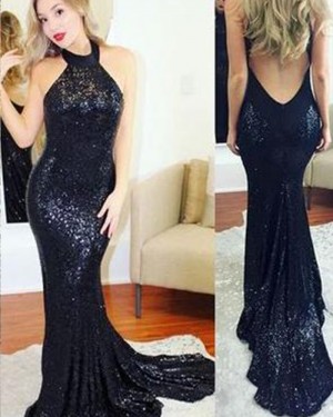 Halter Navy Blue Sequined Mermaid Long Formal Dress PM1352