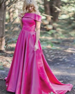 Simple Off the Shoulder Satin Red Long Formal Dress PM1353