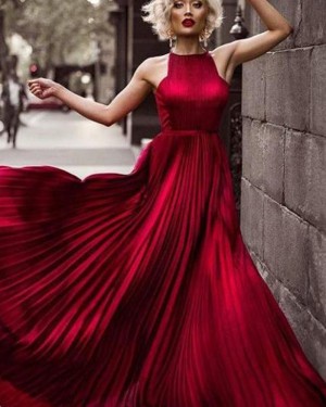 Halter Rose Red Satin Pleated Long Formal Dress PM1354