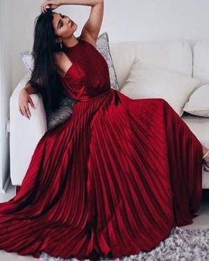 Halter Rose Red Satin Pleated Long Formal Dress PM1354