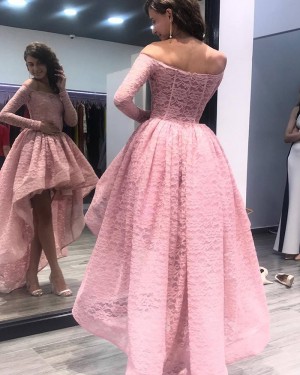 High Low Off the Shoulder Pink Lace Prom Dress with Long Sleeves PM1356